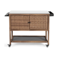 Outdoor Wicker Bar Cart with Wheels, Expandable Shelf, Rolling Rattan Beverage Bar Counter Table with Glass Top, 47" L x 20" W x 35" H, Brown