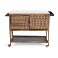 Outdoor Wicker Bar Cart with Wheels, Expandable Shelf, Rolling Rattan Beverage Bar Counter Table with Glass Top, 47" L x 20" W x 35" H, Brown(m-2)