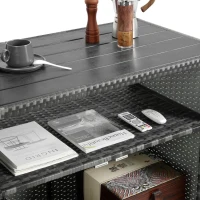 Outdoor Wicker Bar Cart with Wheels, Patio Wine Serving Cart, Rolling Rattan Beverage Bar Counter Table with Glass Top, 51" L x 20" W x 35" H, Aqua Gray(m-7)