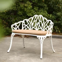 Patio Garden Bench with Floral Tulip Design, Cushion, Ergonomic Outdoor Park Bench with Cast Aluminum Frame, 39" L x 21.5" W x 31" H, White(m-6)
