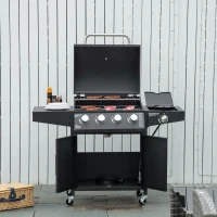 Outsunny 52" Barbecue Grill with Wheels 4+1 Burner Liquid Propane Gas Grill Outdoor Cabinet Style BBQ Trolley w/ Side Burner, Warming Rack(m-10)