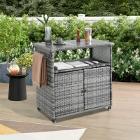 Outdoor Wicker Bar Cart with Wheels, Patio Wine Serving Cart, Rolling Rattan Beverage Bar Counter Table with Glass Top, 51" L x 20" W x 35" H, Aqua Gray(m-1)