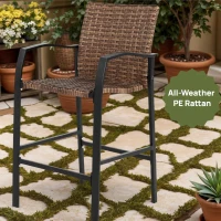 3-Piece Outdoor Bar Stools Set with Rattan Bar Chairs, Glass Table, Steel Frame, Perfect for Backyard, Garden, Pool, Balcony, Deck, Brown(m-6)