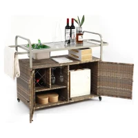 Outdoor Bar Table with Steel Top, Lockable Wheels, Side Basket, Wicker Bar Cart with Cabinet, Rounded Handle, 51.5" L x 19.5" W x 36" H, Beige(m-12)