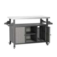 Outdoor Wicker Rolling Cart with Storage Cabinet, Stainless Steel Extended Tabletop, Wheels and Side Handle, 51" L x 21.5" W x 34" H, Gray(m-2)