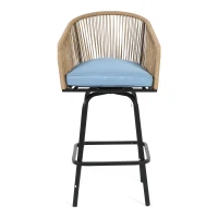 Set of 4 Outdoor Bar Stools with Armrests and Backrest, Steel Frame, All Weather Woven PE Rattan Bar Chairs, 23" L x 17.5" W x 44" H, Blue(m-6)