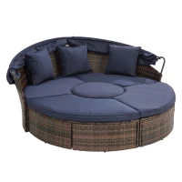 Round Outdoor Daybed with Retractable Canopy, Wicker Sofa Bed with Lift Coffee Table and Washable Cushions, 64" L x 64" W x 55" H, Navy Blue+Black(m-15)