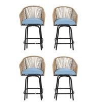 Set of 4 Outdoor Bar Stools with Armrests and Backrest, Steel Frame, All Weather Woven PE Rattan Bar Chairs, 23" L x 17.5" W x 44" H, Blue