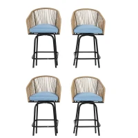 Set of 4 Outdoor Bar Stools with Armrests and Backrest, Steel Frame, All Weather Woven PE Rattan Bar Chairs, 23" L x 17.5" W x 44" H, Blue(m-2)