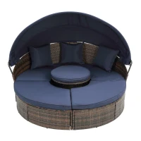 Round Outdoor Daybed with Retractable Canopy, Wicker Sofa Bed with Lift Coffee Table and Washable Cushions, 64" L x 64" W x 55" H, Navy Blue+Black(m-12)