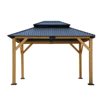 Fir Wood Carport Pavilion Gazebo with Double Roof, Netting for Patio, Wooden Coated Steel Frame Canopy, 142" L x 116" W x 116" H, Light Brown(m-2)