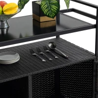 Outdoor Wicker Bar Cart with Glass Top and Wheels, Rolling Rattan Beverage Bar Counter Table for Porch, Backyard, Garden, Poolside Party, 51" L x 20" W x 35.5" H, Black(m-7)