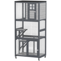 PawHut 74" Wooden Outdoor Cat House Catio with High Weight Capacity, Cat Cage Condo, Dark Gray