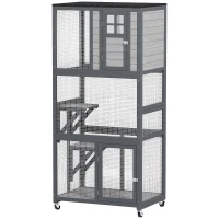 PawHut 74" Wooden Outdoor Cat House Catio with High Weight Capacity, Cat Cage Condo, Dark Gray(m-1)