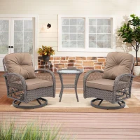 3-Piece Outdoor Swivel Rocker Patio Chairs Set with Tempered Glass Coffee Table, 360° Rocking Conversation Set with Thick Cushions, 29" L x 25" W x 34" H, khaki(m-1)