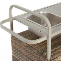 Outdoor Bar Table with Steel Top, Lockable Wheels, Side Basket, Wicker Bar Cart with Cabinet, Rounded Handle, 51.5" L x 19.5" W x 36" H, Beige(m-4)