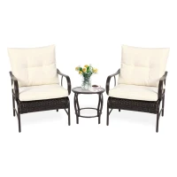 3-Piece Patio Set with Rust-Proof Steel Frame, Cushioned Seats, Outdoor Wicker Furniture with Rattan Chairs, Coffee Table, Brown+White(m-2)