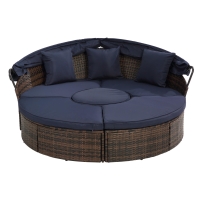 Round Outdoor Daybed with Retractable Canopy, Wicker Sofa Bed with Lift Coffee Table and Washable Cushions, 64" L x 64" W x 55" H, Navy Blue+Black