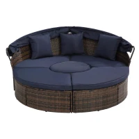 Round Outdoor Daybed with Retractable Canopy, Wicker Sofa Bed with Lift Coffee Table and Washable Cushions, 64" L x 64" W x 55" H, Navy Blue+Black(m-2)