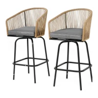 Set of 2 Outdoor Bar Stools with Armrests and Backrest, Steel Frame, All Weather Rattan Bar Chairs with Footrest, 23" L x 17.5" W x 44" H, Gray(m-16)