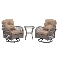 3-Piece Outdoor Swivel Rocker Patio Chairs Set with Tempered Glass Coffee Table, 360° Rocking Conversation Set with Thick Cushions, 29" L x 25" W x 34" H, khaki(m-2)