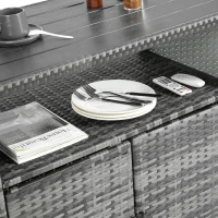 Outdoor Wicker Bar Cart with Wheels, Patio Wine Serving Cart, Rolling Rattan Beverage Bar Counter Table with Glass Top, 51" L x 20" W x 35" H, Aqua Gray(m-6)