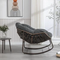Outdoor Rattan Rocking Chair with Padded Cushion, Hand-Woven Recliner, Ergonomic Design, Steel Frame, 44" L x 37" W x 31.5" H, Gray(m-5)
