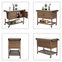 Outdoor Wicker Bar Cart with Wheels, Expandable Shelf, Rolling Rattan Beverage Bar Counter Table with Glass Top, 47" L x 20" W x 35" H, Brown(m-7)