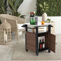 Outdoor Wicker Island Rolling Cart with Storage Cabinet, Expandable Shelf and Tabletop, Wine Glass Rack, 30" L x 22.5" W x 33.5" H, Brown(m-1)