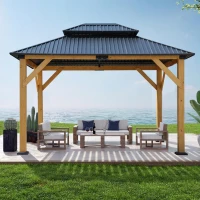 Fir Wood Carport Pavilion Gazebo with Double Roof, Netting for Patio, Wooden Coated Steel Frame Canopy, 142" L x 116" W x 116" H, Light Brown(m-1)