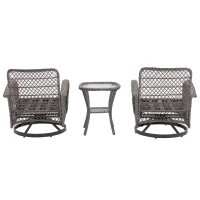 3-Piece Outdoor Swivel Rocker Patio Chairs Set with Tempered Glass Coffee Table, 360° Rocking Conversation Set with Thick Cushions, 29" L x 25" W x 34" H, Grey(m-16)