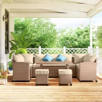 Outsunny 6 Piece Patio Furniture Set, PE Wicker Outdoor Furniture Conversation Set with 3 Sofas, 2 Ottomans and Slatted WPC Top Dining Table, All Weather Sectional Sofa Couch with Pillows, Khaki(m-9)