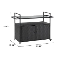 Outdoor Wicker Bar Cart with Glass Top and Wheels, Rolling Rattan Beverage Bar Counter Table for Porch, Backyard, Garden, Poolside Party, 51" L x 20" W x 35.5" H, Black(m-3)
