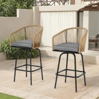 Set of 2 Outdoor Bar Stools with Armrests and Backrest, Steel Frame, All Weather Rattan Bar Chairs with Footrest, 23" L x 17.5" W x 44" H, Gray(m-1)