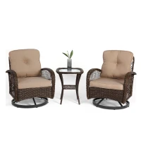 3-Piece Outdoor Swivel Rocker Patio Chairs Set with Thick Cushions, Glass Coffee Table, 360° Rocking Conversation Set with Steel Frame, Khaki(m-2)