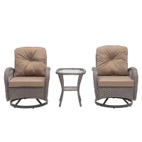 3-Piece Outdoor Swivel Rocker Patio Chairs Set with Tempered Glass Coffee Table, 360° Rocking Conversation Set with Thick Cushions, 29" L x 25" W x 34" H, khaki(m-15)