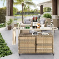 Outdoor Bar Table with Steel Top, Lockable Wheels, Side Basket, Wicker Bar Cart with Cabinet, Rounded Handle, 51.5" L x 19.5" W x 36" H, Beige(m-1)