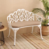 Patio Garden Bench with Floral Tulip Design, Cushion, Ergonomic Outdoor Park Bench with Cast Aluminum Frame, 39" L x 21.5" W x 31" H, White(m-1)