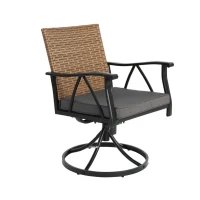 7-Piece Patio Dining Set with Swivel Rocker Chairs, Cushioned Seats, Steel Table Top with Umbrella Hole, Outdoor Wicker Furniture, Brown+Gray(m-8)