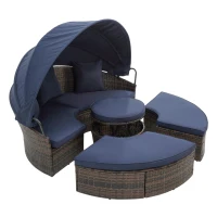 Round Outdoor Daybed with Retractable Canopy, Wicker Sofa Bed with Lift Coffee Table and Washable Cushions, 64" L x 64" W x 55" H, Navy Blue+Black(m-14)