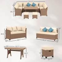 Outsunny 6 Piece Patio Furniture Set, PE Wicker Outdoor Furniture Conversation Set with 3 Sofas, 2 Ottomans and Slatted WPC Top Dining Table, All Weather Sectional Sofa Couch with Pillows, Khaki(m-3)