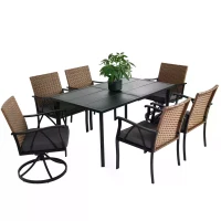 7-Piece Patio Dining Set with Swivel Rocker Chairs, Cushioned Seats, Steel Table Top with Umbrella Hole, Outdoor Wicker Furniture, Brown+Gray(m-2)