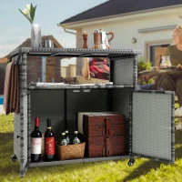 Outdoor Wicker Bar Cart with Wheels, Patio Wine Serving Cart, Rolling Rattan Beverage Bar Counter Table with Glass Top, 51" L x 20" W x 35" H, Aqua Gray(m-4)