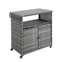 Outdoor Wicker Bar Cart with Wheels, Patio Wine Serving Cart, Rolling Rattan Beverage Bar Counter Table with Glass Top, 51" L x 20" W x 35" H, Aqua Gray(m-2)