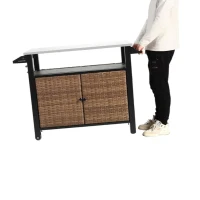 Outdoor Kitchen Wicker Island Rolling Cart with Wheels, Storage Cabinet, Steel Extended Table Top, Side Handle, 47" L x 20" W x 33.5" H, Brown(m-7)