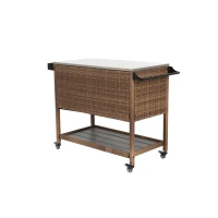 Outdoor Wicker Bar Cart with Wheels, Expandable Shelf, Rolling Rattan Beverage Bar Counter Table with Glass Top, 47" L x 20" W x 35" H, Brown(m-9)