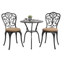 3-Piece Outdoor Rust-Resistant Patio Bistro Set with Cushions, Cast Aluminum Frame, Decorative Floral Design, 16.5" L x 16" W x 34.5" H, Black