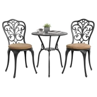 3-Piece Outdoor Rust-Resistant Patio Bistro Set with Cushions, Cast Aluminum Frame, Decorative Floral Design, 16.5" L x 16" W x 34.5" H, Black(m-2)