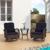 3-Piece Outdoor Swivel Rocker Patio Chairs Set with Cushions, Tempered Glass Table, 360° Rocking Conversation Set with Steel Frame, Navy Blue(m-1)