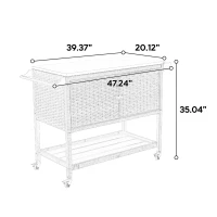 Outdoor Wicker Bar Cart with Wheels, Expandable Shelf, Rolling Rattan Beverage Bar Counter Table with Glass Top, 47" L x 20" W x 35" H, Brown(m-3)